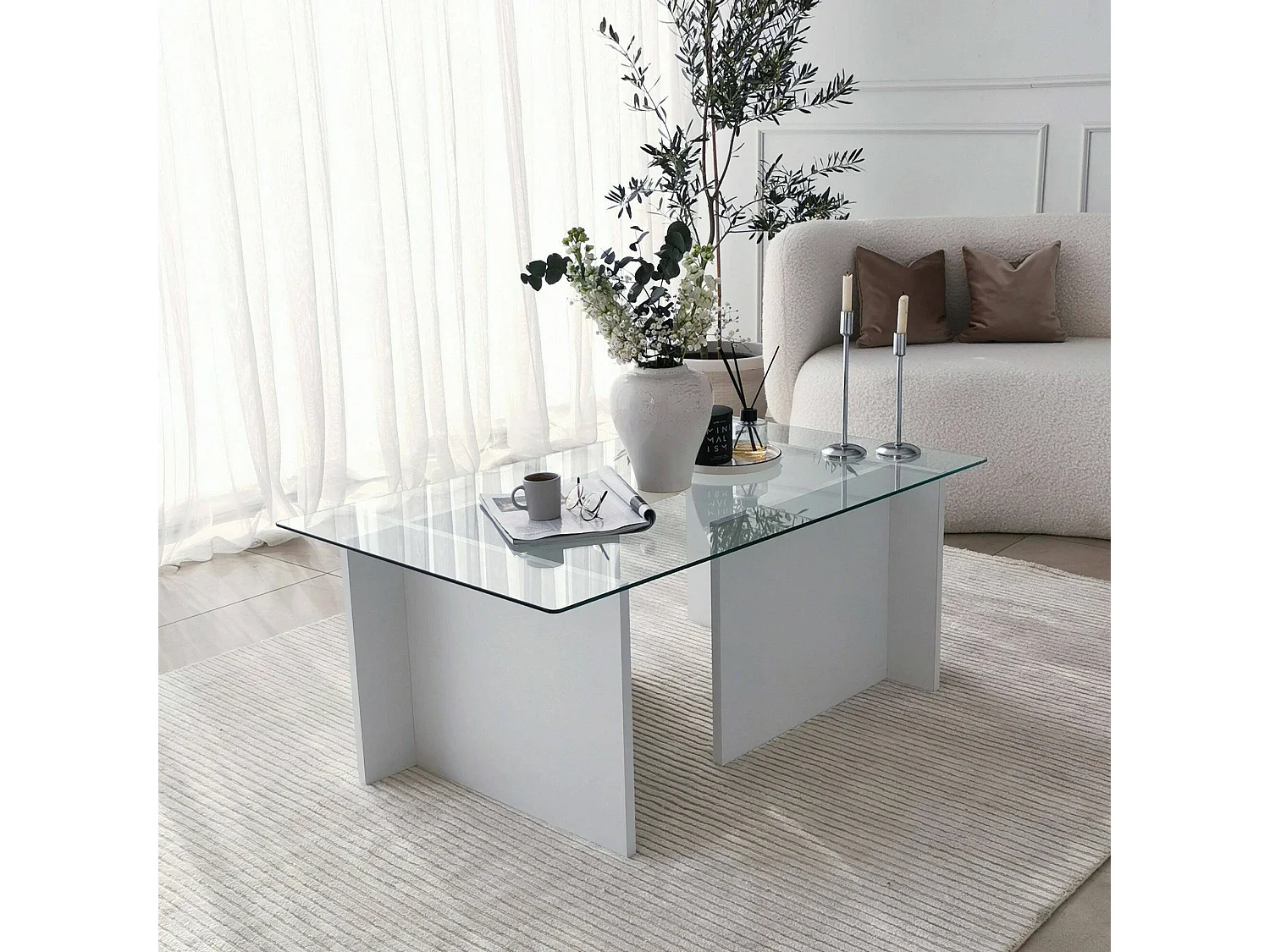 Table basse Teti, porte-revues, 105x65x40h cm blanc, forme rectangulaire, plateau en verre