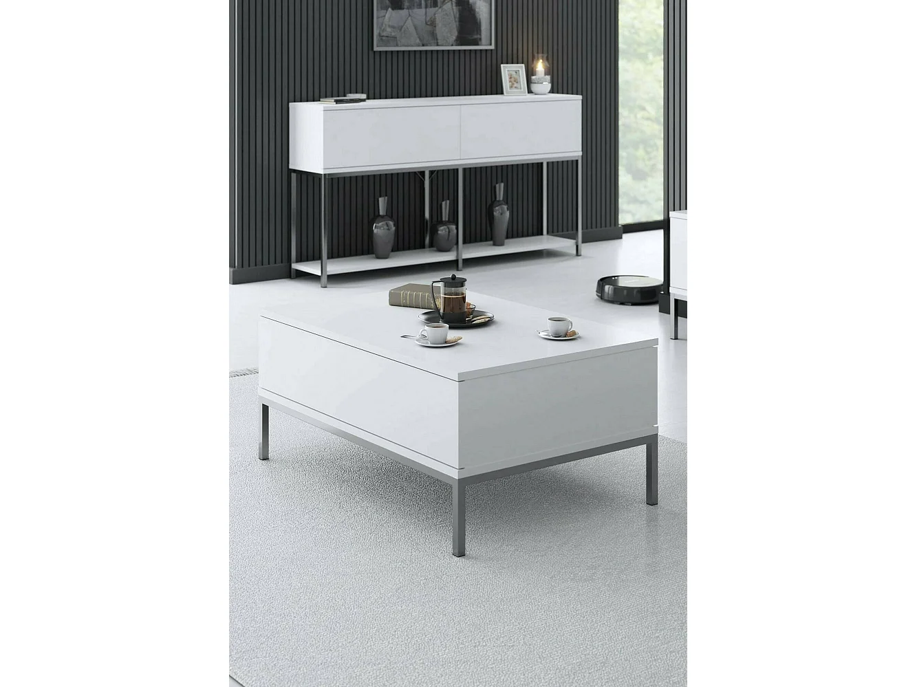 TaVolante de sala Dfiamozz, Mesa de café, Suporte de revistas para sofá, Prateleira para sala, 90x60h40 cm, Branco e Prata
