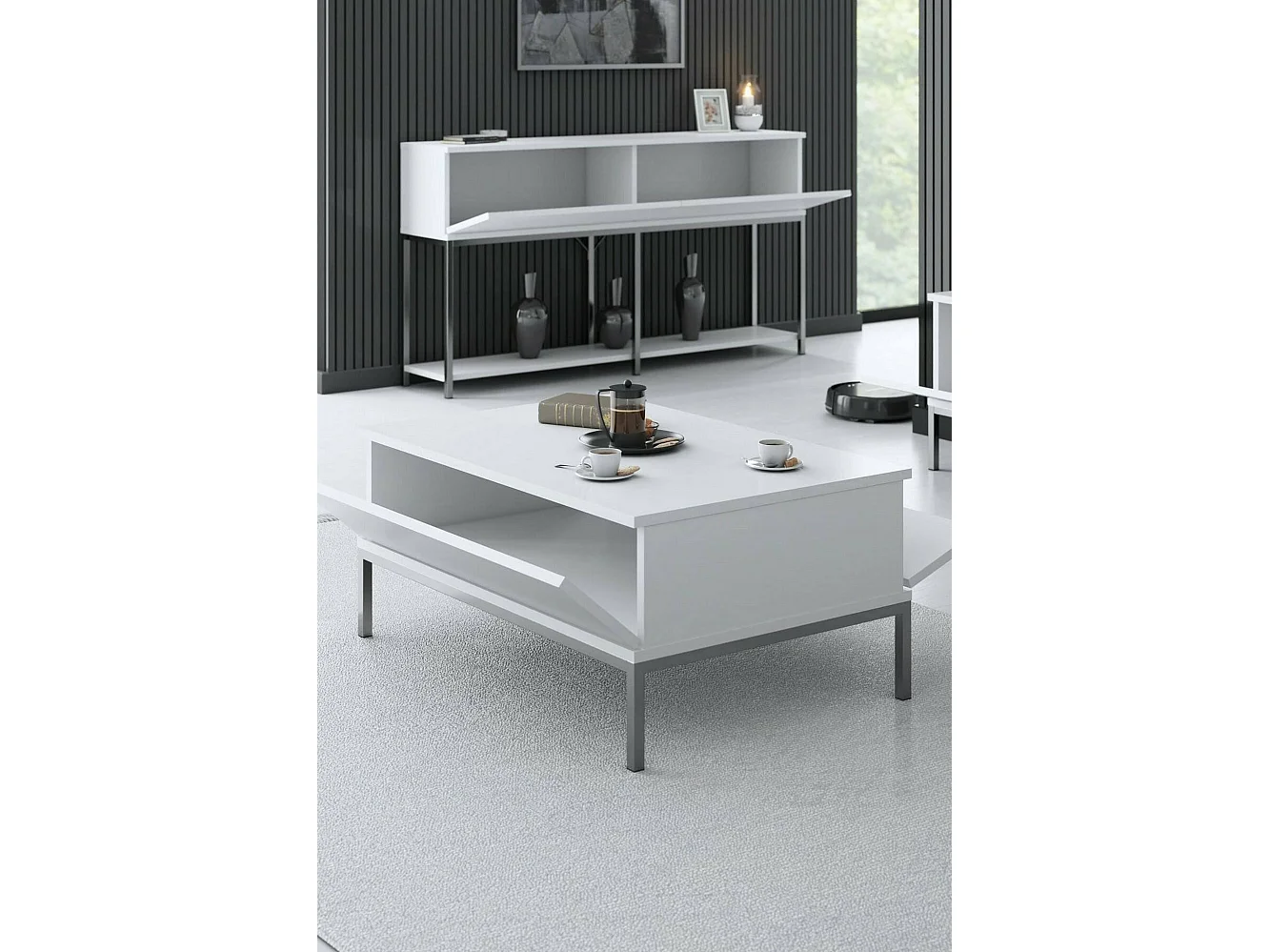 TaVolante de sala Dfiamozz, Mesa de café, Suporte de revistas para sofá, Prateleira para sala, 90x60h40 cm, Branco e Prata