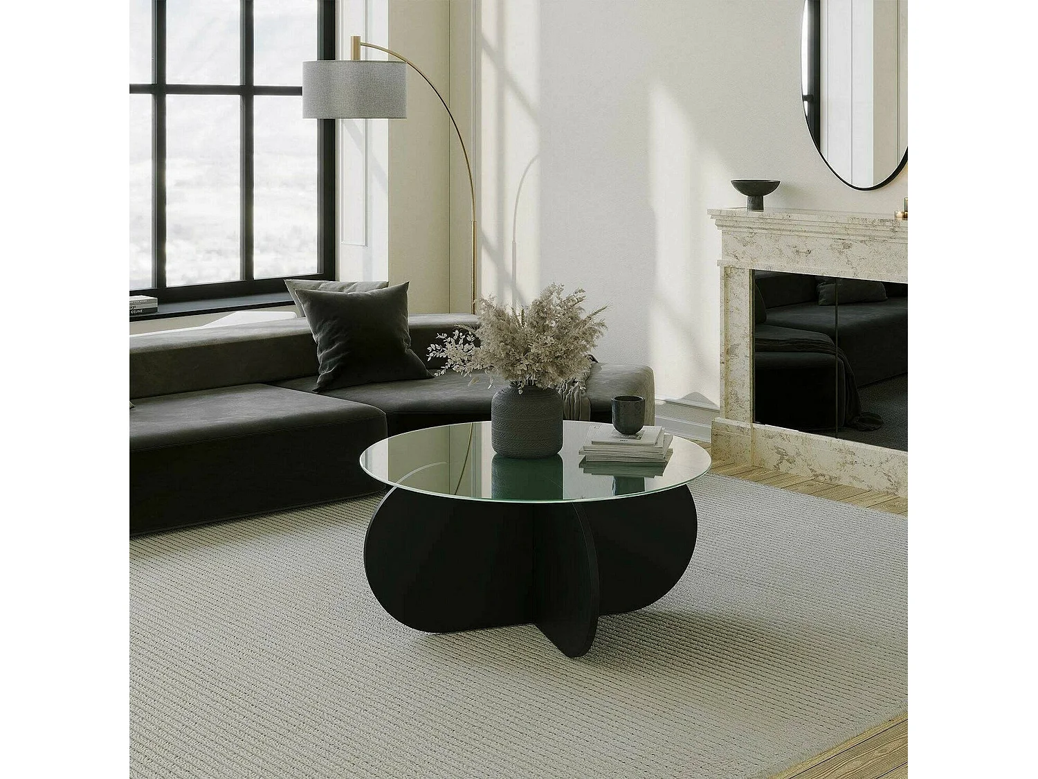 Couchtisch Nila, mit Zeitungsablage, 75x75x35h cm Schwarz, runde Form, Glasplatte