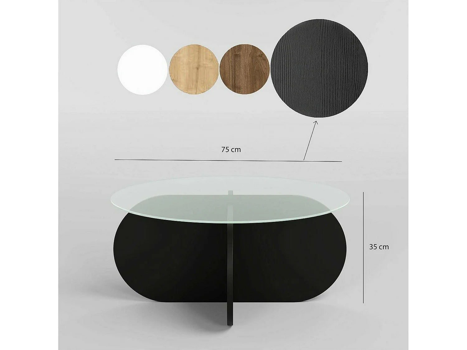 Couchtisch Nila, mit Zeitungsablage, 75x75x35h cm Schwarz, runde Form, Glasplatte