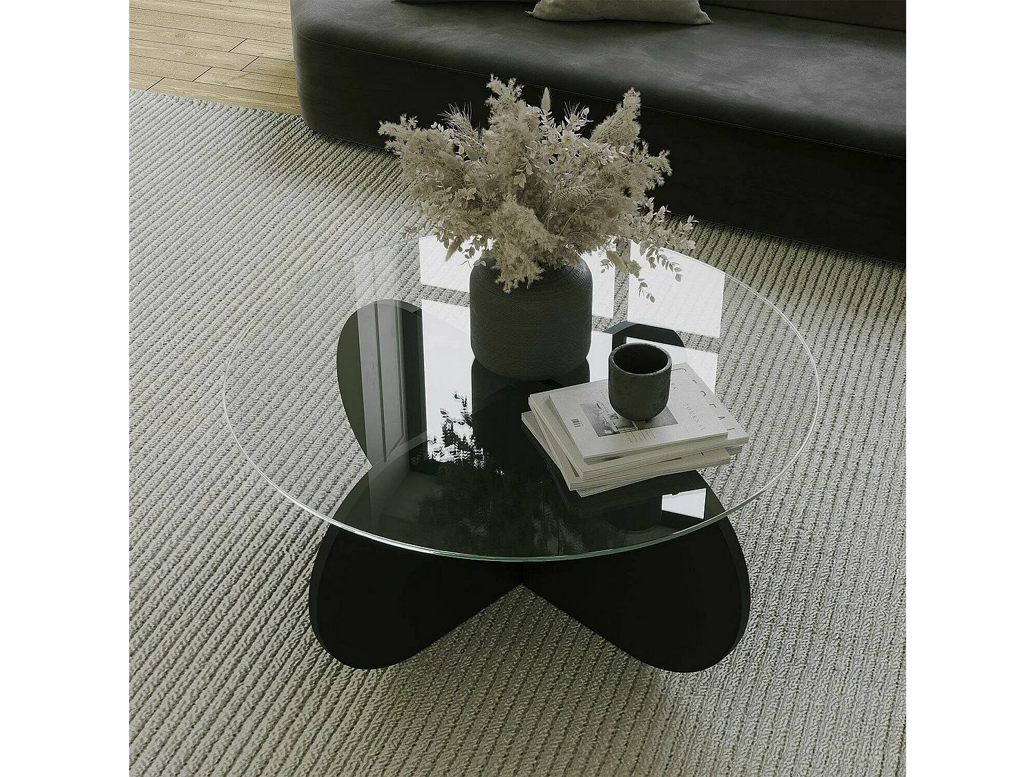 Couchtisch Nila, mit Zeitungsablage, 75x75x35h cm Schwarz, runde Form, Glasplatte