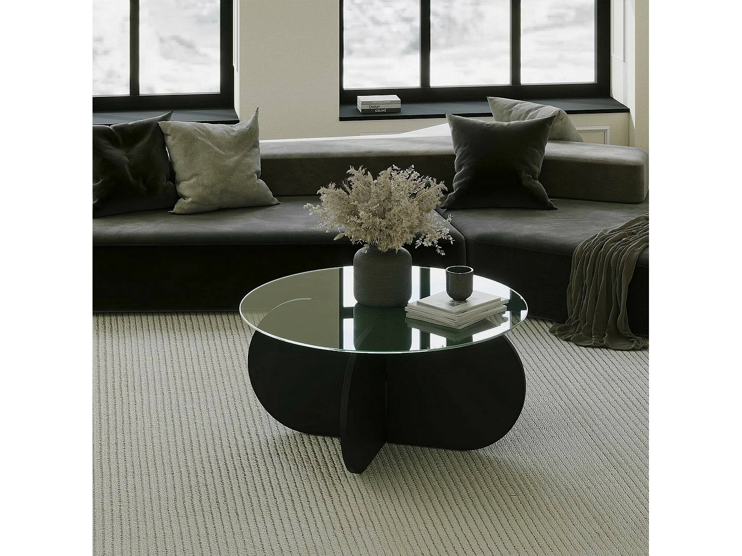Couchtisch Nila, mit Zeitungsablage, 75x75x35h cm Schwarz, runde Form, Glasplatte