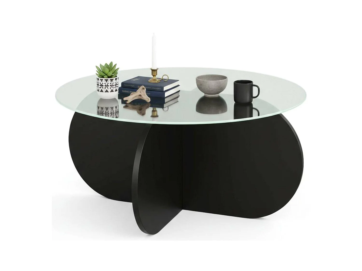 Table basse Nila, porte-revues, 75x75x35h cm noir, forme ronde, plateau en verre
