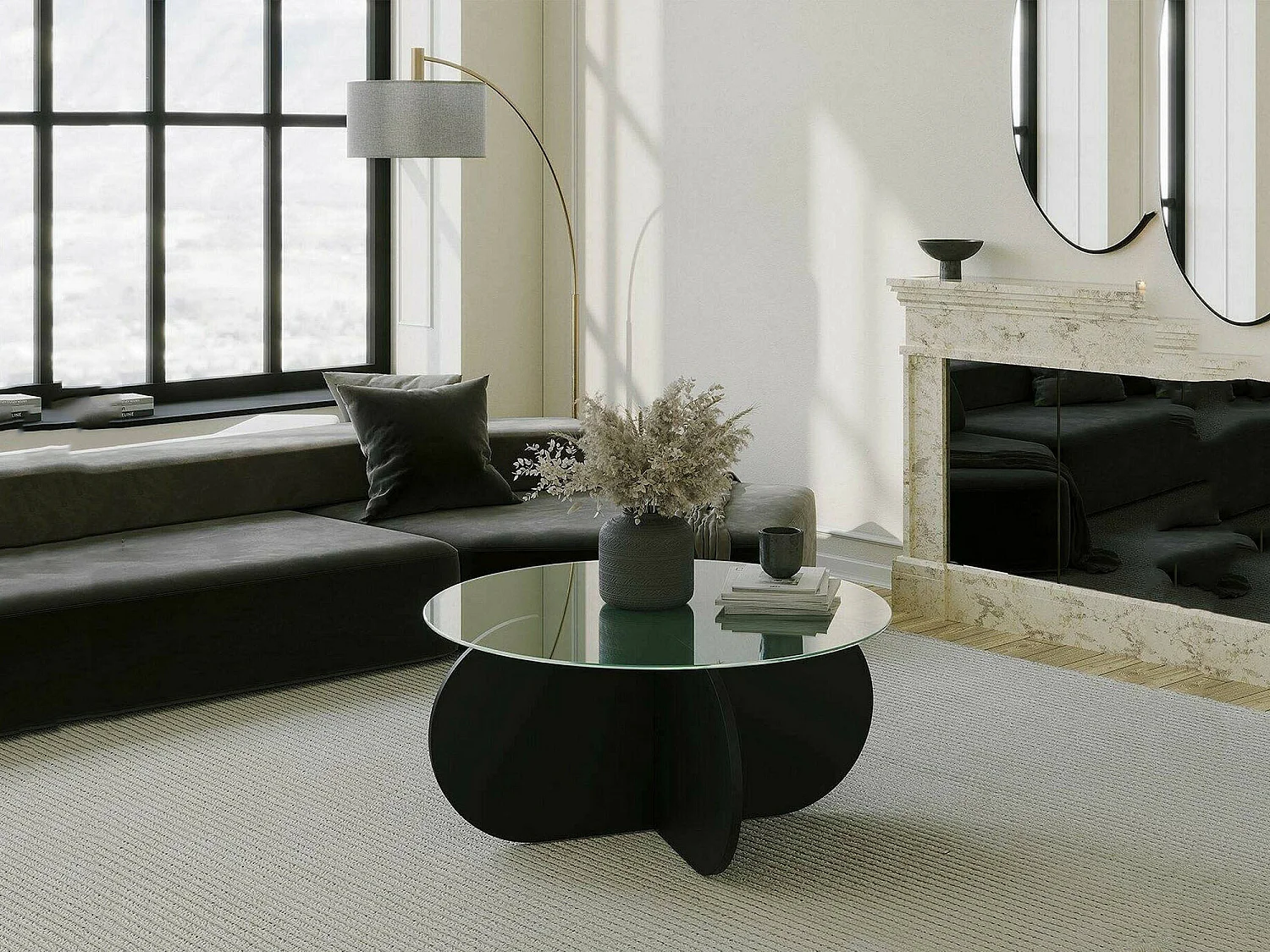 Table basse Nila, porte-revues, 75x75x35h cm noir, forme ronde, plateau en verre