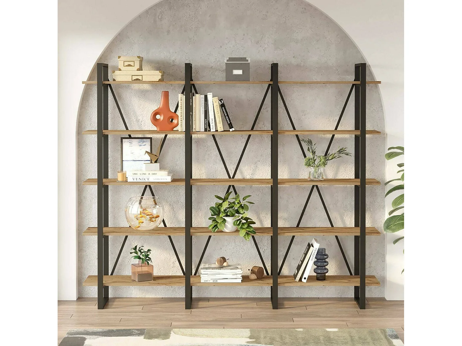 Bibliothèque Albayt, Etagère de bureau, Porte-livre mobile, Librairie, 220x34h180 cm, Chêne