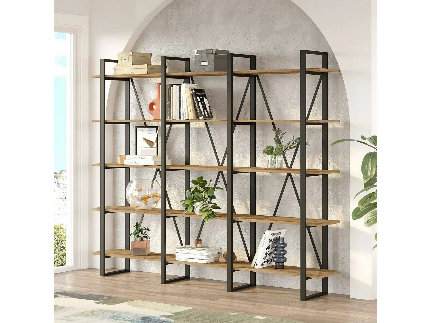 Bibliothèque Albayt, Etagère de bureau, Porte-livre mobile, Librairie, 220x34h180 cm, Chêne