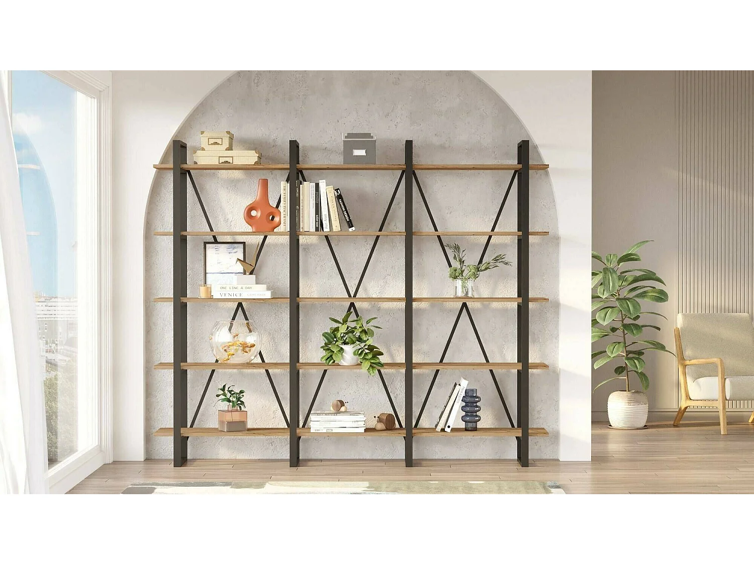 Bibliothèque Albayt, Etagère de bureau, Porte-livre mobile, Librairie, 220x34h180 cm, Chêne