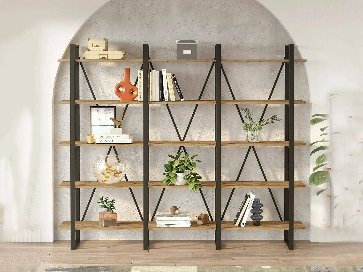Bibliothèque Albayt, Etagère de bureau, Porte-livre mobile, Librairie, 220x34h180 cm, Chêne