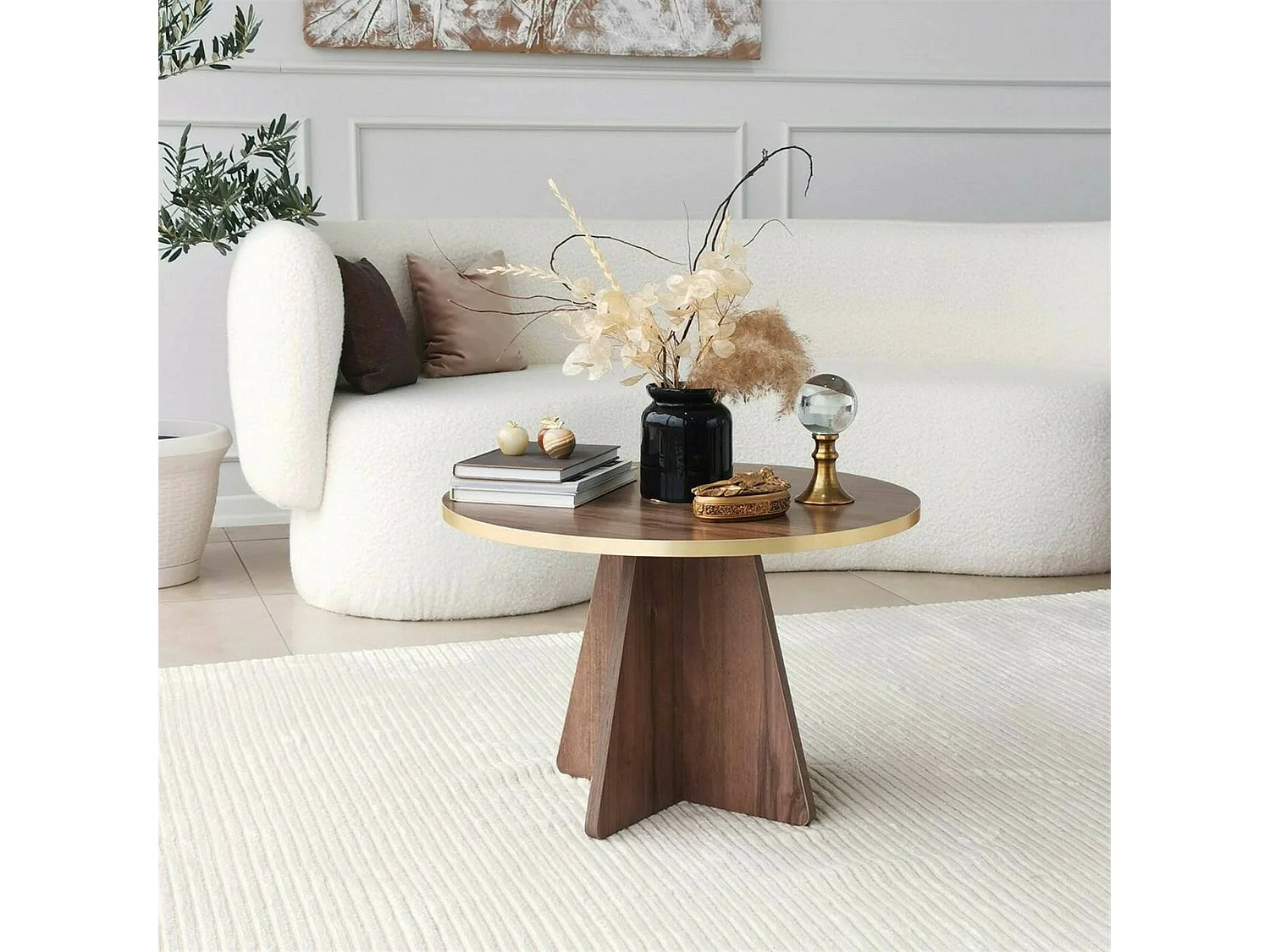 Dkluiver-saftoontafel, koffietafel, bankrishouder, woonkamerplank, 60x60h40 cm, goud en walnoot