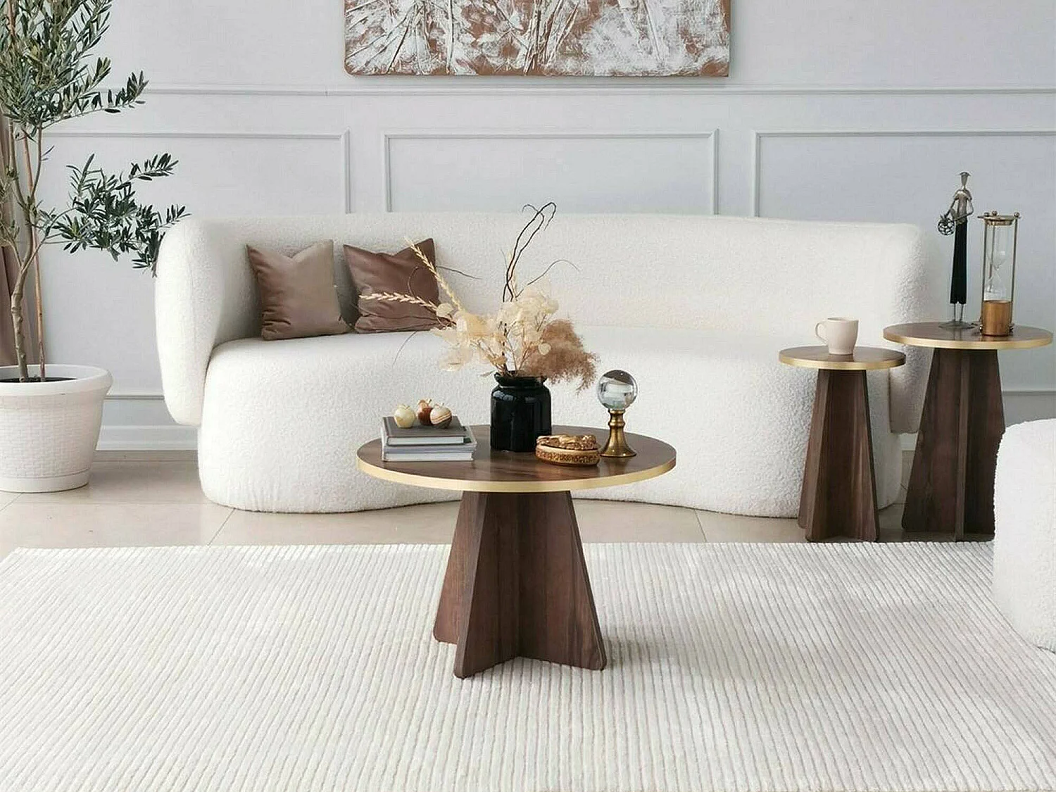 Table basse Elnath, Table basse, Porte-revues pour canapé, Etagère de salon, 60x60h40 cm, Or et Noyer