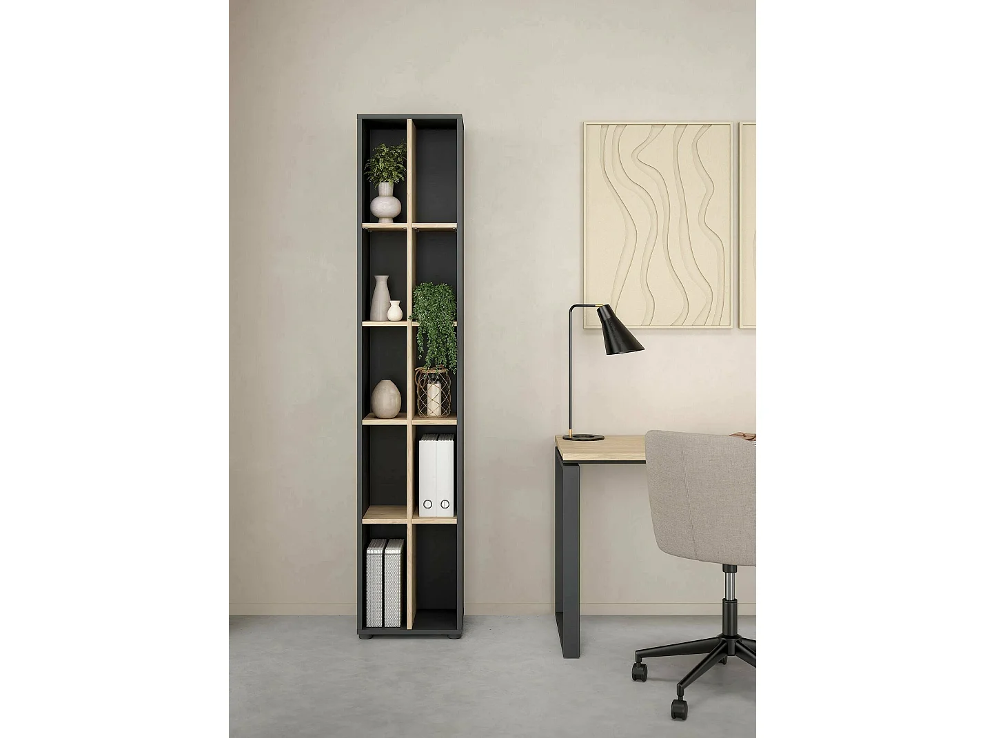 Bibliothèque Dtedesc, Etagère de bureau, Porte-livre mobile, Librairie, 41x34 h205 cm, Chêne et Gris