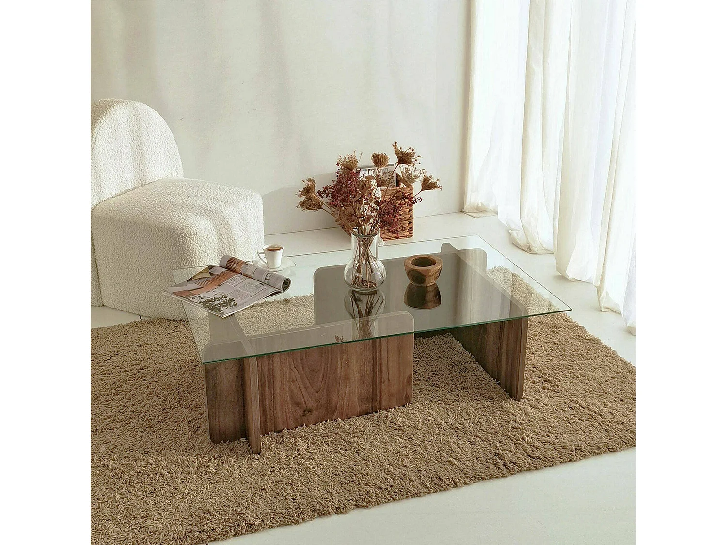 Table basse Teti, porte-revues, 105x65x40h cm, marron noyer, forme rectangulaire, nuance de couleur, structure noyer