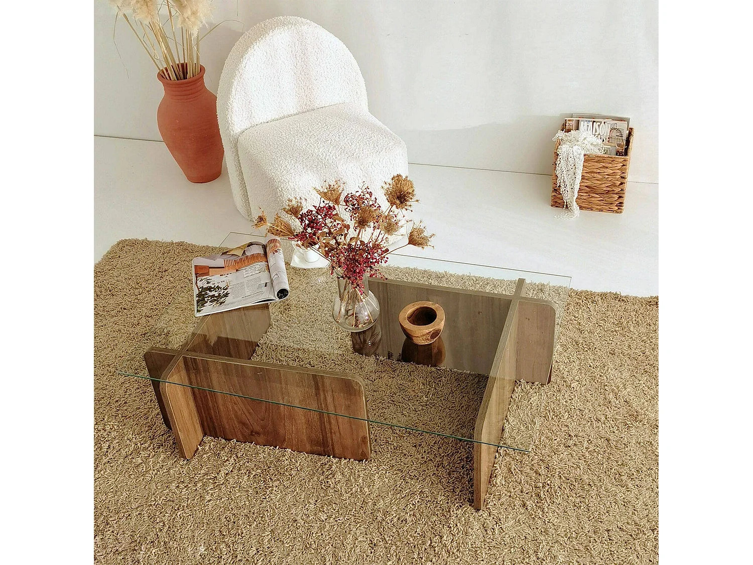 Table basse Teti, porte-revues, 105x65x40h cm, marron noyer, forme rectangulaire, nuance de couleur, structure noyer