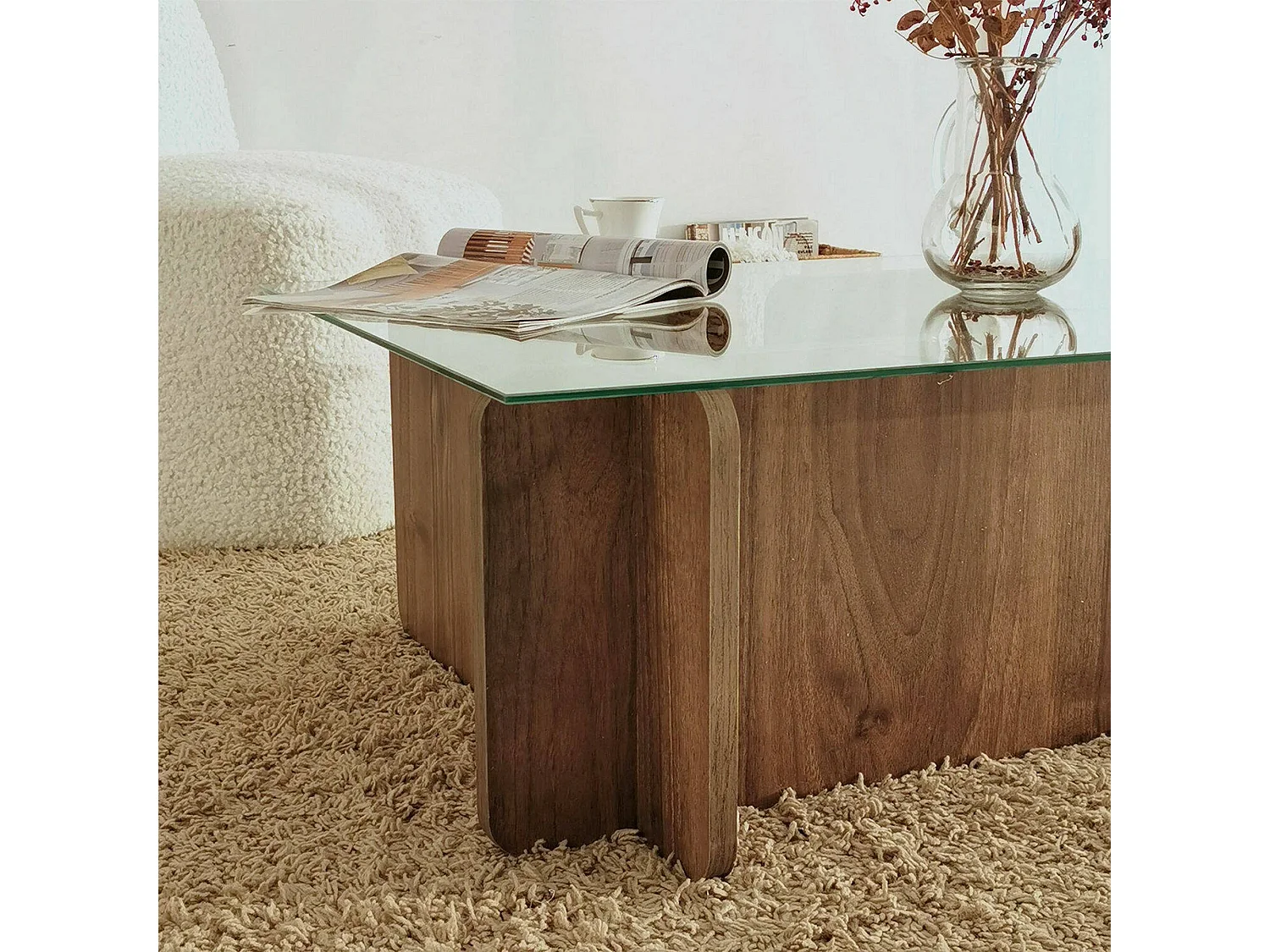 Table basse Teti, porte-revues, 105x65x40h cm, marron noyer, forme rectangulaire, nuance de couleur, structure noyer