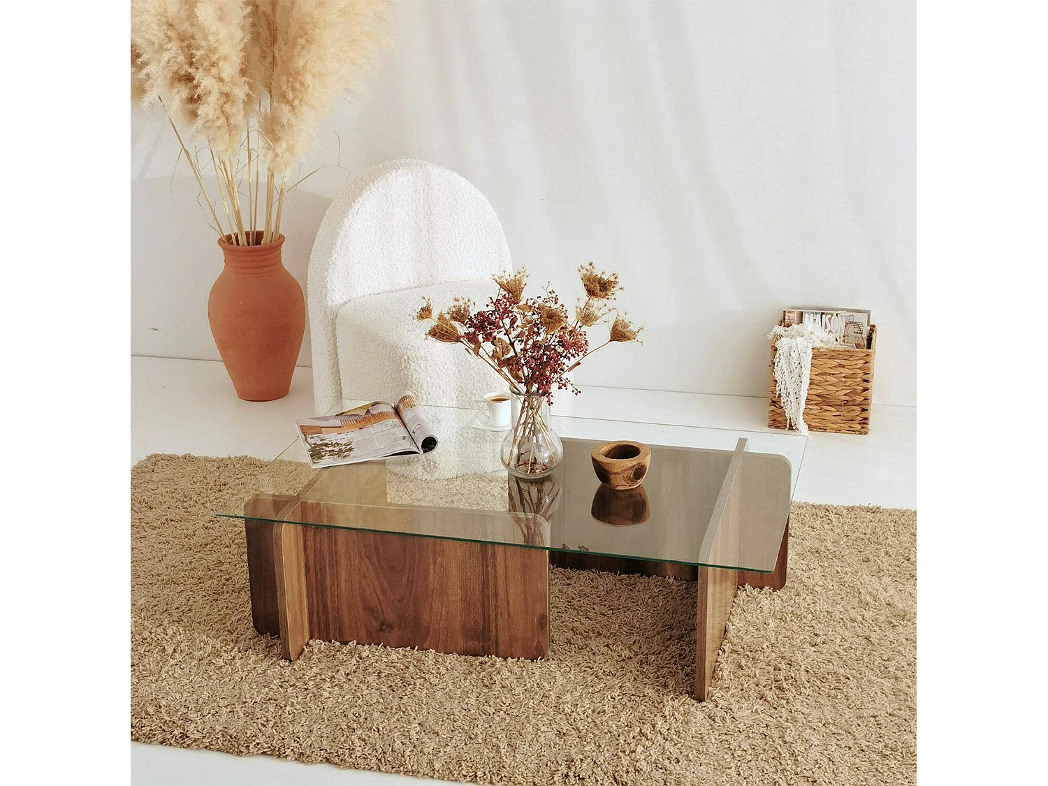 Table basse Teti, porte-revues, 105x65x40h cm, marron noyer, forme rectangulaire, nuance de couleur, structure noyer