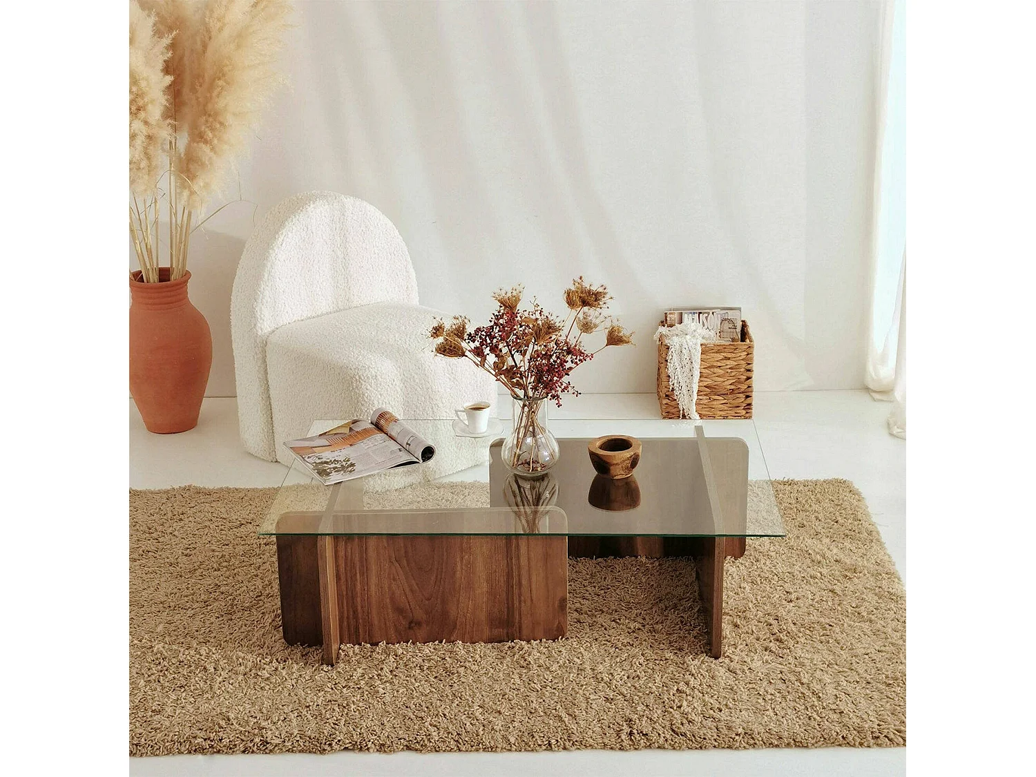 Table basse Teti, porte-revues, 105x65x40h cm, marron noyer, forme rectangulaire, nuance de couleur, structure noyer