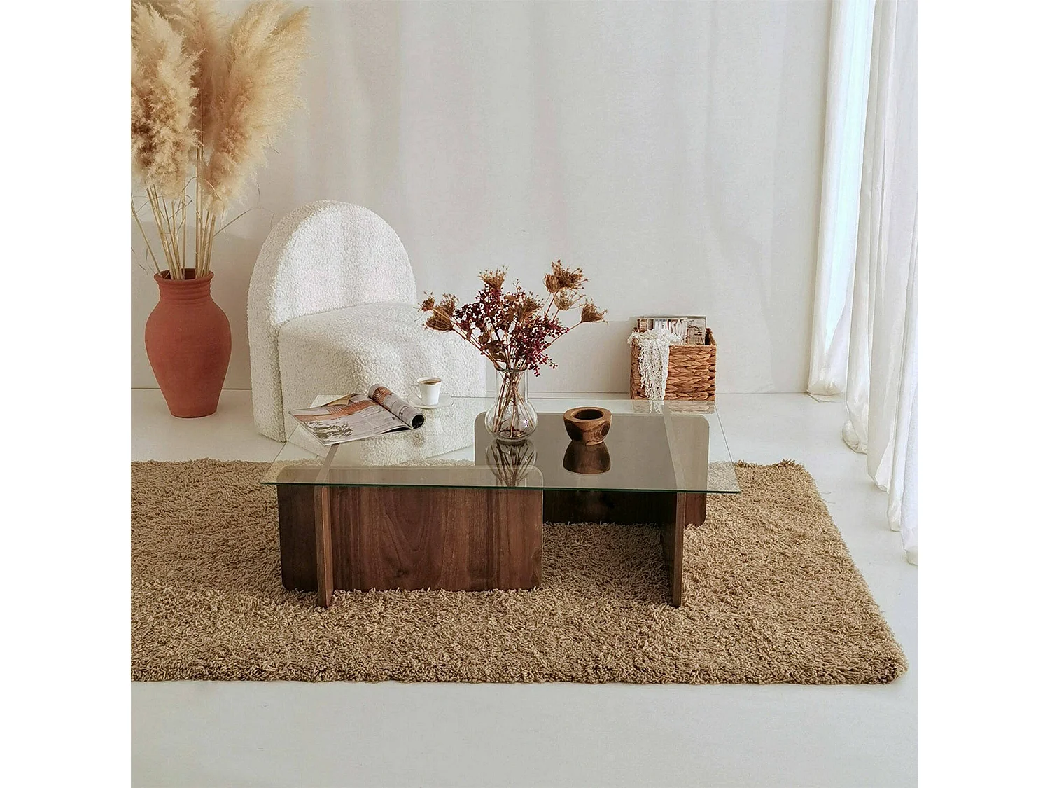 Table basse Teti, porte-revues, 105x65x40h cm, marron noyer, forme rectangulaire, nuance de couleur, structure noyer
