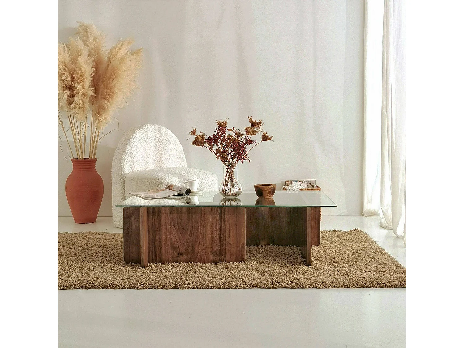 Table basse Teti, porte-revues, 105x65x40h cm, marron noyer, forme rectangulaire, nuance de couleur, structure noyer
