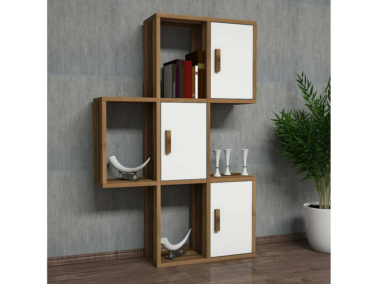 Dmoschin-schappen, ScaffAle, Wandplank, Multifunctionele rekken, 50x20h113 cm, Walnoot en Wit