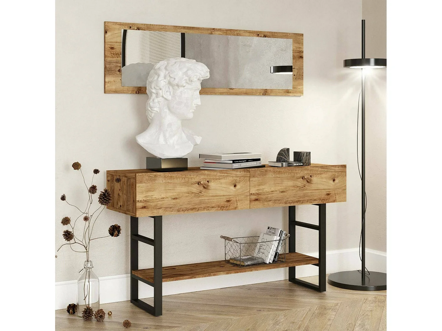 Consola Dmarfell, Mesa multiusos, Gabinete de soporte, Escritorio de pasillo, 139x43 h76 cm, Roble