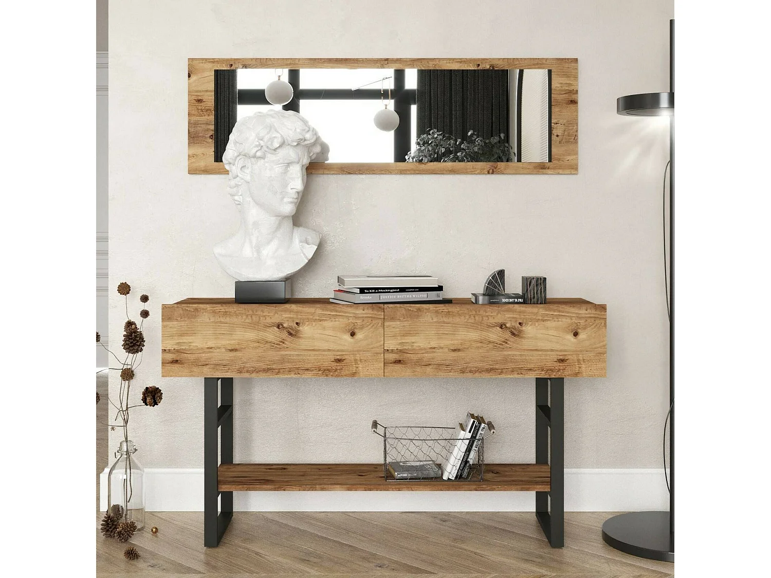 Consola Dmarfell, Mesa multiusos, Gabinete de soporte, Escritorio de pasillo, 139x43 h76 cm, Roble