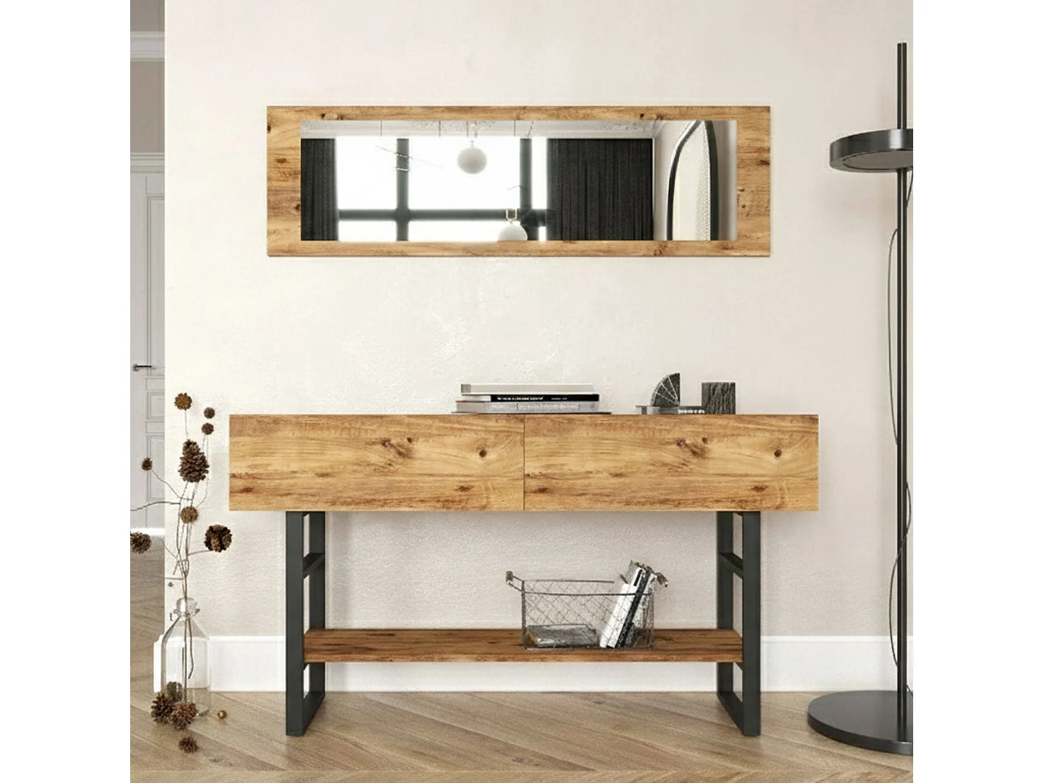 Console Helene, Table polyvalente, Armoire de rangement, Bureau du couloir, 139x43 h76 cm, Chêne