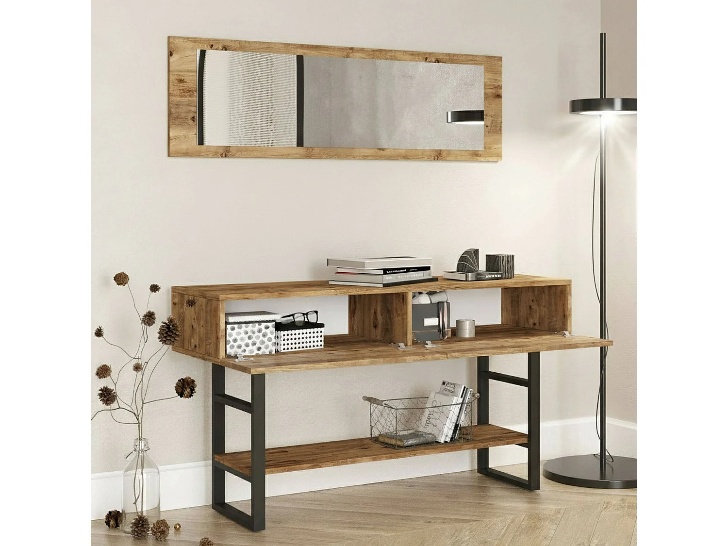 Console Helene, Table polyvalente, Armoire de rangement, Bureau du couloir, 139x43 h76 cm, Chêne