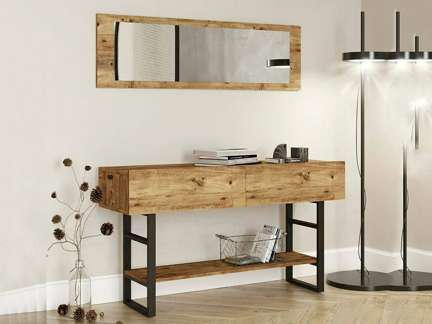 Consola Dmarfell, Mesa multiusos, Gabinete de soporte, Escritorio de pasillo, 139x43 h76 cm, Roble
