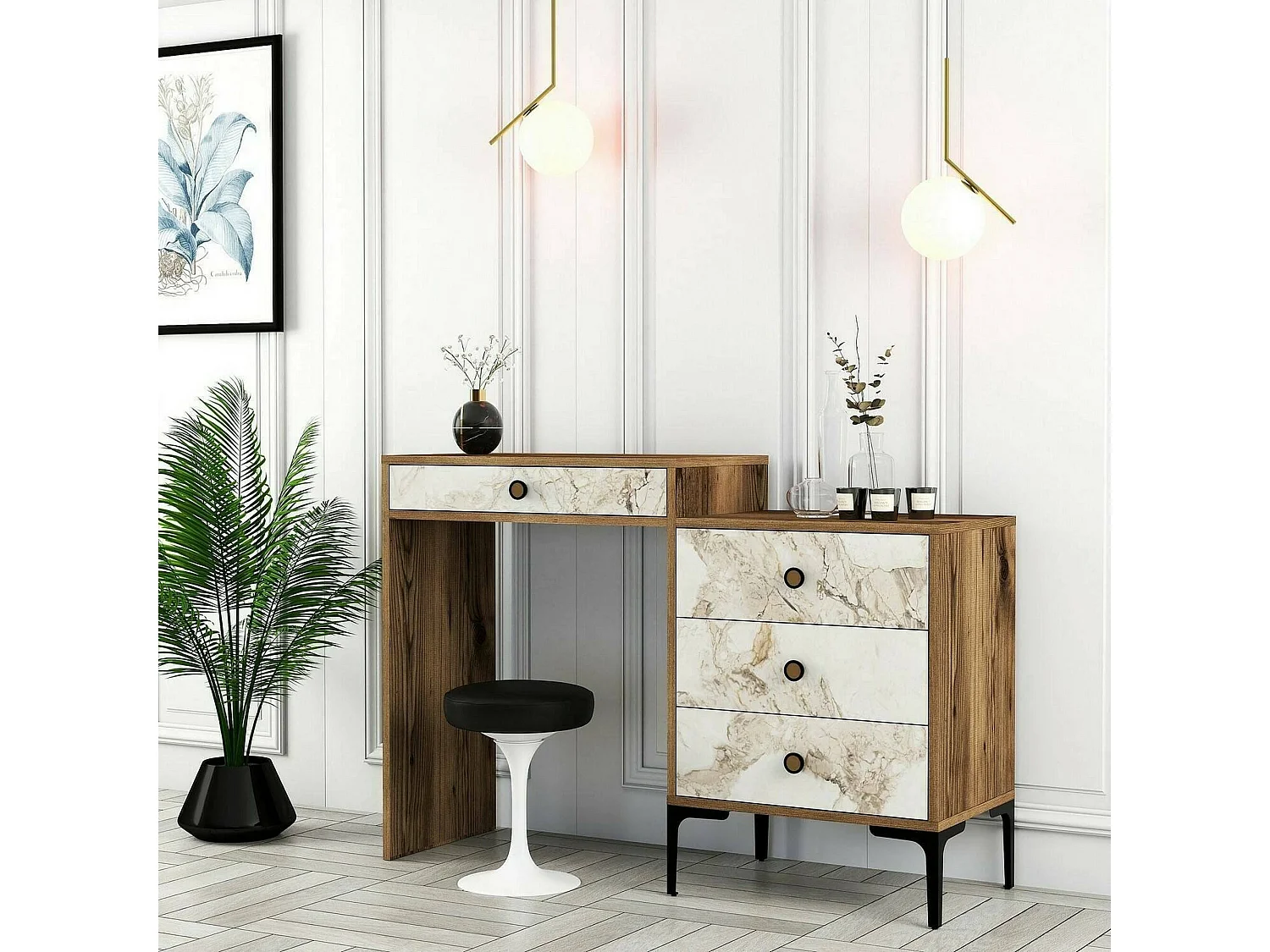 Console Lyra, Table polyvalente, Armoire de rangement, Bureau du couloir, 124x40 h85 cm, Noyer et Blanc