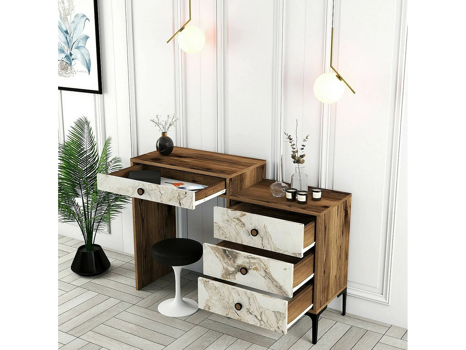 Dmuntean Console, Multifunctionele Tafel, Steunkast, Gang Bureau, 124x40h85 cm, Walnoot en Wit