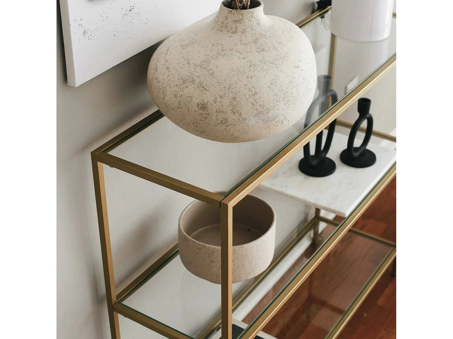 Consola Dkerriga, Mesa multiusos, Gabinete de soporte, Escritorio de pasillo, 100x30 h85 cm, oro\