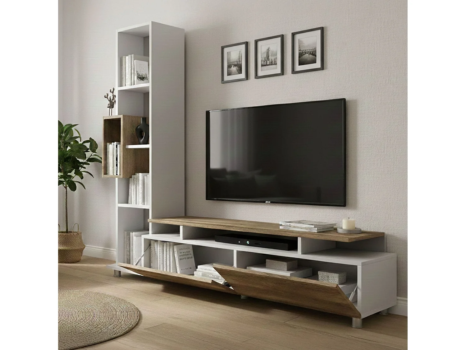 Wohnzimmermöbel Dkaczmarsk, Modulares Wohnzimmerset, Mehrzweck-Wohnzimmermöbel, Moderner TV-Schrank, 160x30 h167 cm, WeiÃŸ und Walnuss