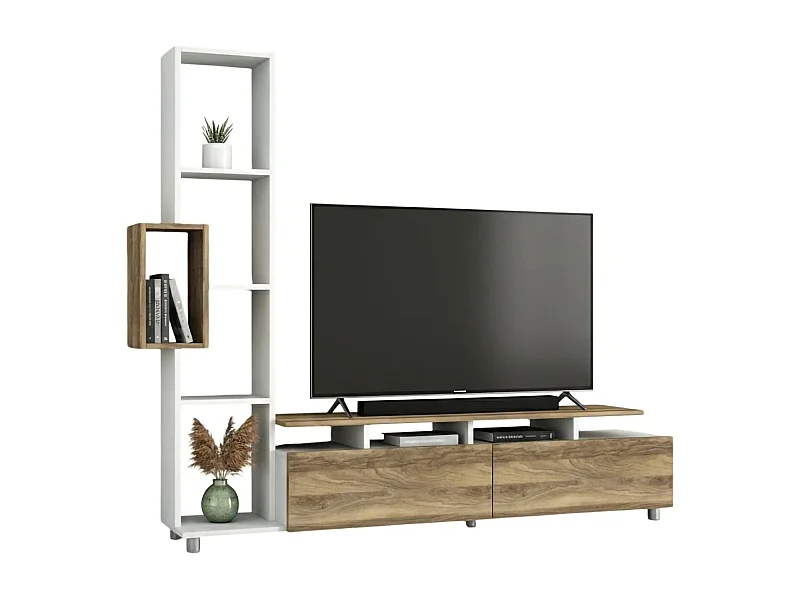 Wohnzimmermöbel Dkaczmarsk, Modulares Wohnzimmerset, Mehrzweck-Wohnzimmermöbel, Moderner TV-Schrank, 160x30 h167 cm, WeiÃŸ und Walnuss