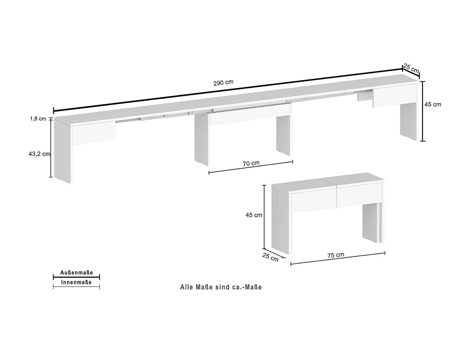 Banc Dcolasuon, Lot de 2 Sièges pour table à manger, Bancs extensibles, 290x25h45 cm, Gris