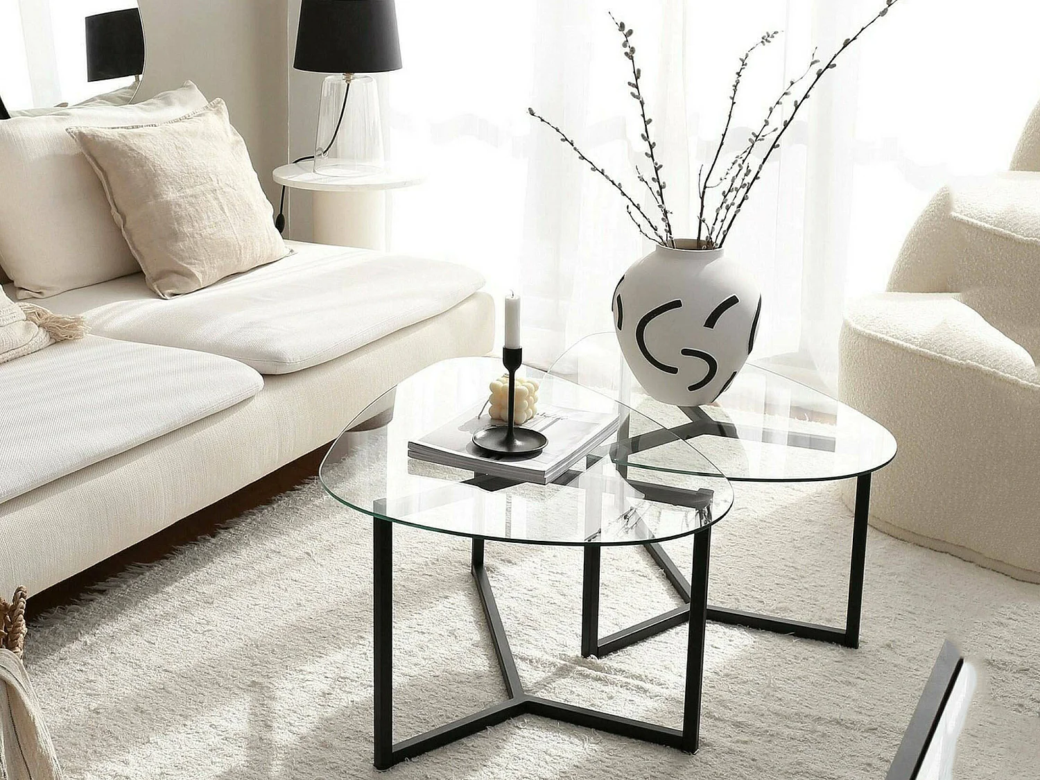 Couchtisch Flora, modular und multifunktional, 82x58x40h cm, Schwarz, rechteckig, Tischplatte aus Glas