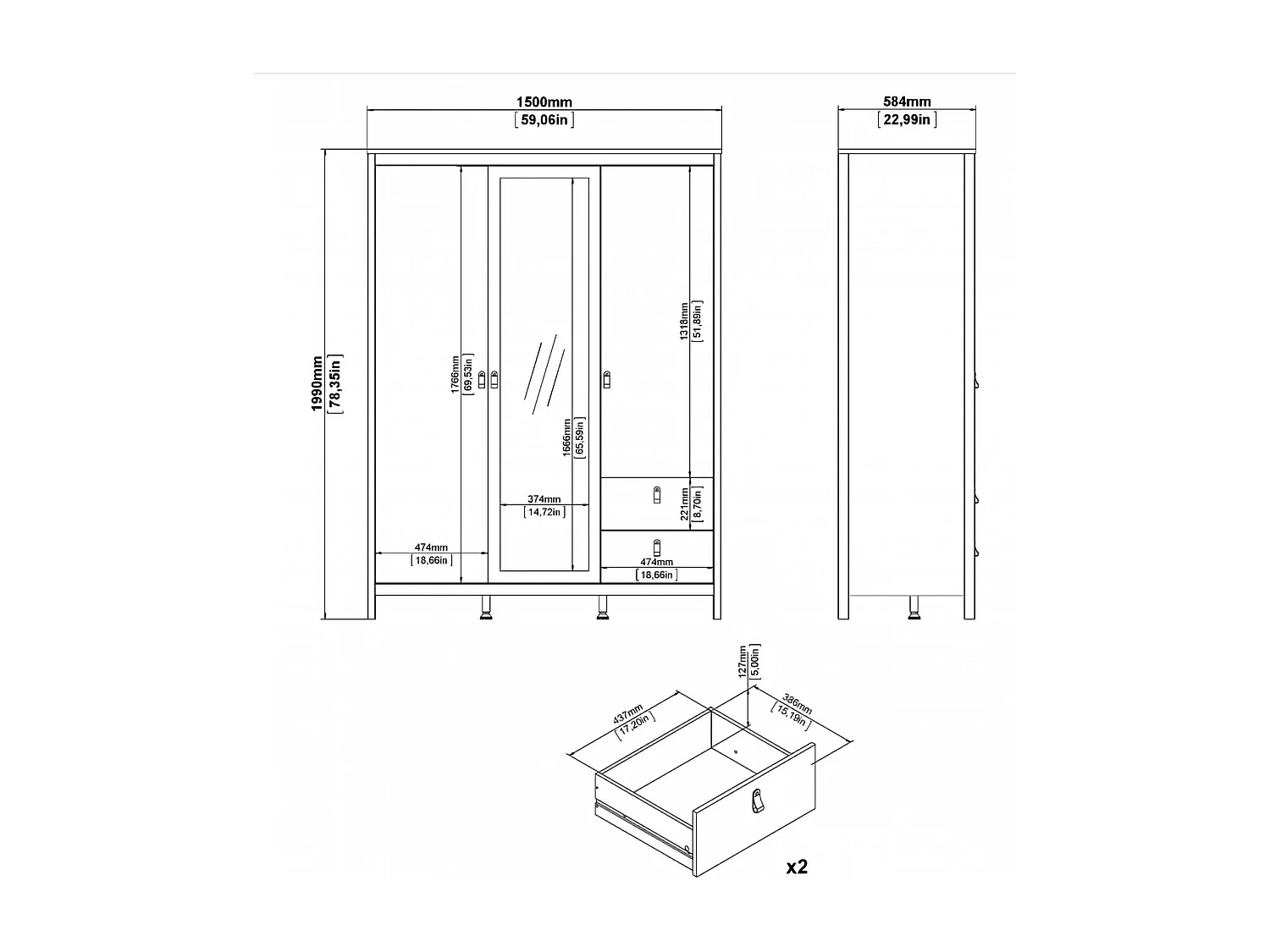Guardaroba 3 Ante Rufina, 4 Ripiani, 58.4x150 cm Bianco, Armadio Camera da Letto