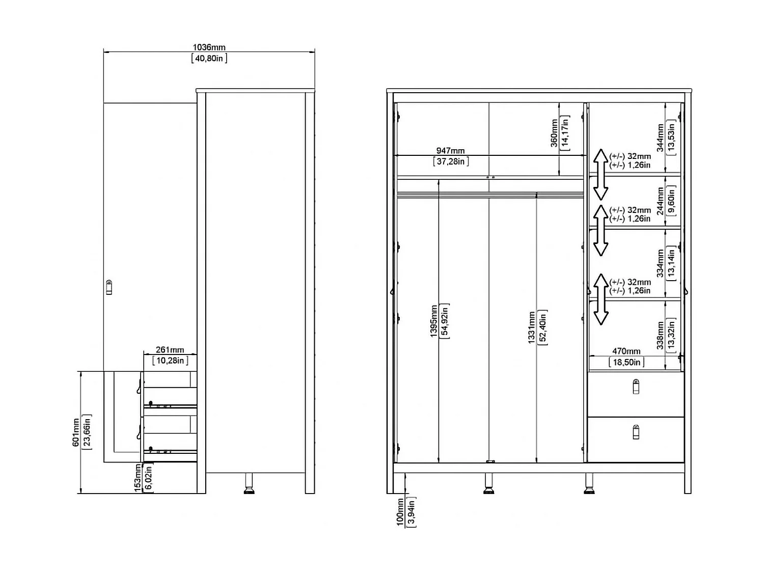 Guardaroba 3 Ante Rufina, 4 Ripiani, 58.4x150 cm Bianco, Armadio Camera da Letto