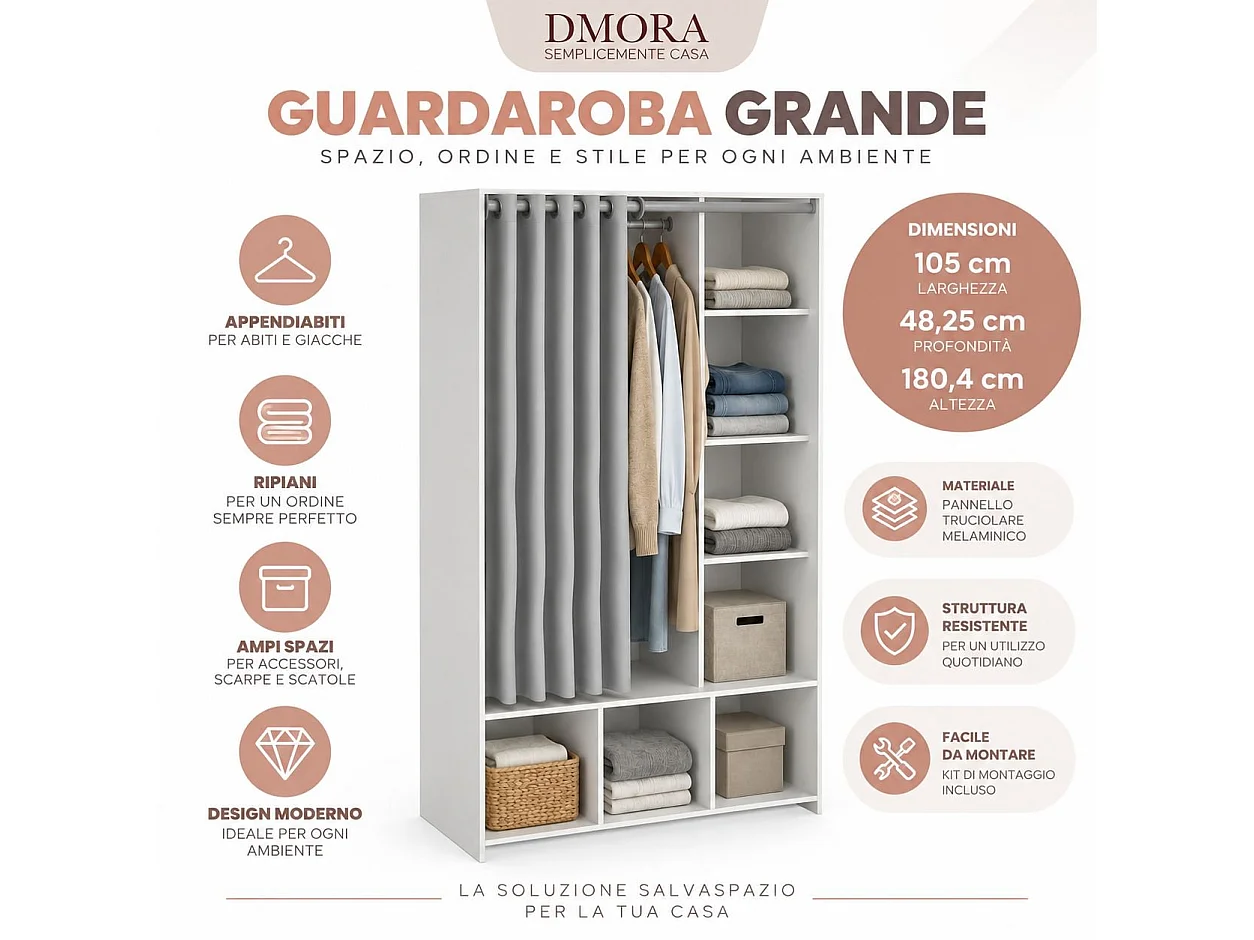 GroÃŸer Kleiderschrank Dseverin, Schlafzimmermöbel, Schrank, Garderobe, 105x48 h180 cm, WeiÃŸ und Grau