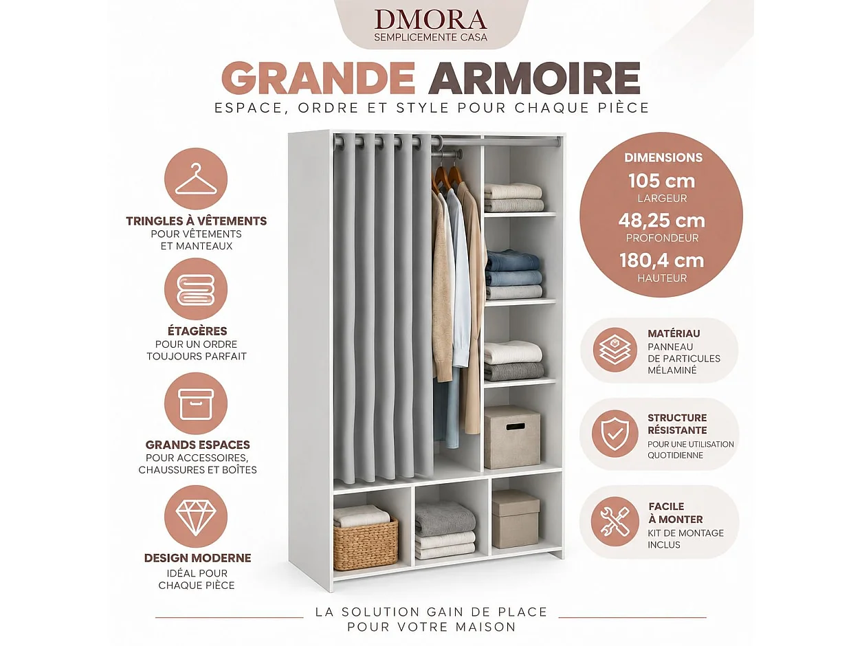 GroÃŸer Kleiderschrank Dseverin, Schlafzimmermöbel, Schrank, Garderobe, 105x48 h180 cm, WeiÃŸ und Grau