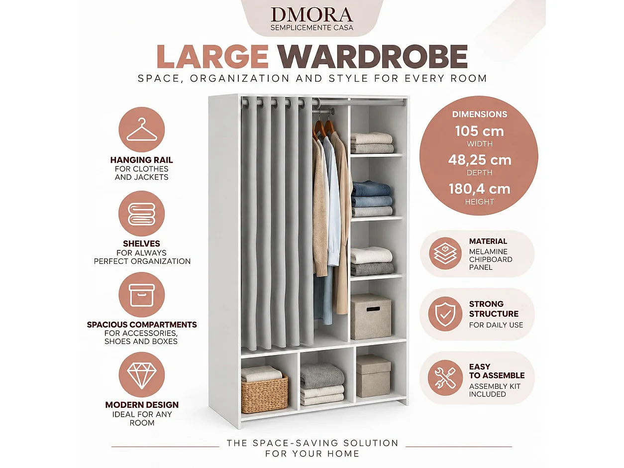 Grande Garde-robe Dseverin, Meubles de chambre, Penderie de plain-pied, Placard à vêtements, 105x48 h180 cm, Blanc et gris