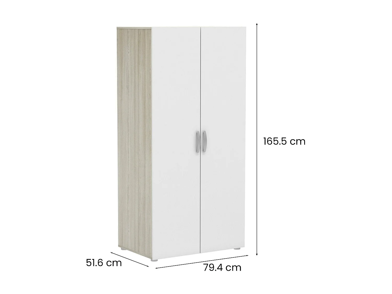 Garde-robe 2 portes Dfreita, Meubles de chambre, Penderie de plain-pied, Placard à vêtements, 79x52 h166 cm, Chêne clair et Blanc mat
