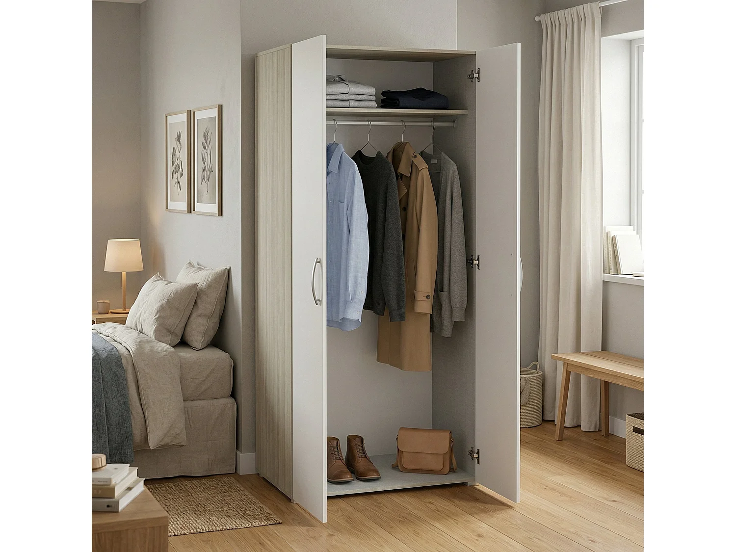 Garde-robe 2 portes Dfreita, Meubles de chambre, Penderie de plain-pied, Placard à vêtements, 79x52 h166 cm, Chêne clair et Blanc mat