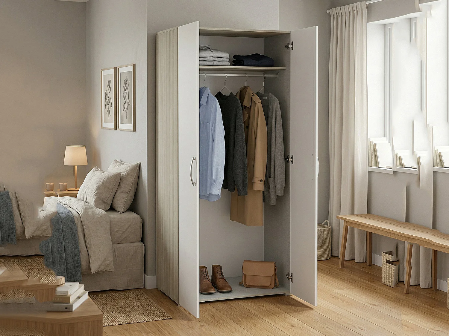 Garde-robe 2 portes Dfreita, Meubles de chambre, Penderie de plain-pied, Placard à vêtements, 79x52 h166 cm, Chêne clair et Blanc mat