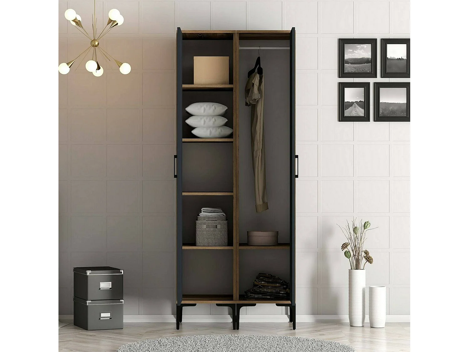 Garde-robe 2 portes Dpret, Meubles de chambre, Penderie de plain-pied, Placard à vêtements, 80x201h48 cm, Noyer et Anthracite