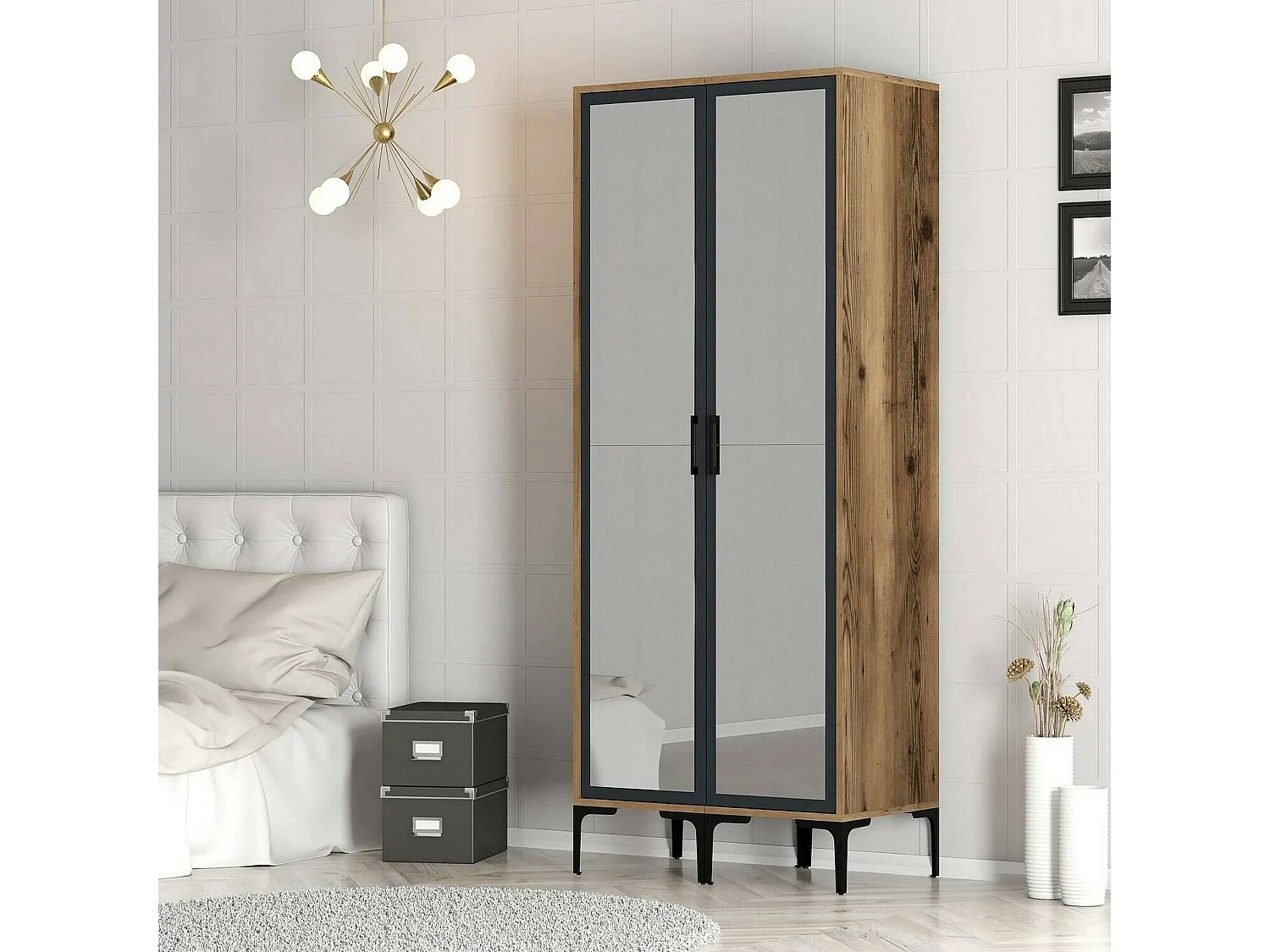 Garde-robe 2 portes Dpret, Meubles de chambre, Penderie de plain-pied, Placard à vêtements, 80x201h48 cm, Noyer et Anthracite