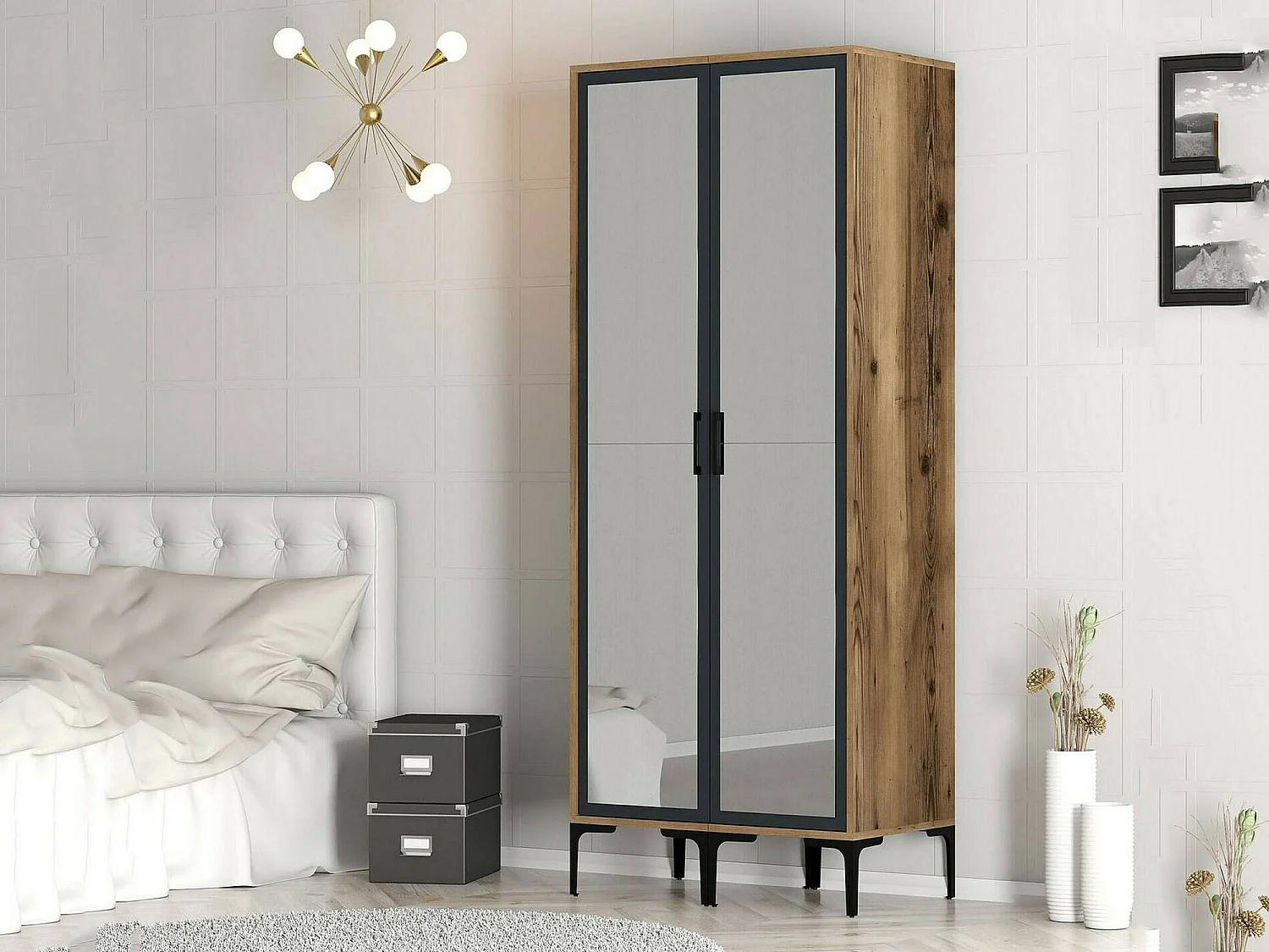 Garde-robe 2 portes Dpret, Meubles de chambre, Penderie de plain-pied, Placard à vêtements, 80x201h48 cm, Noyer et Anthracite