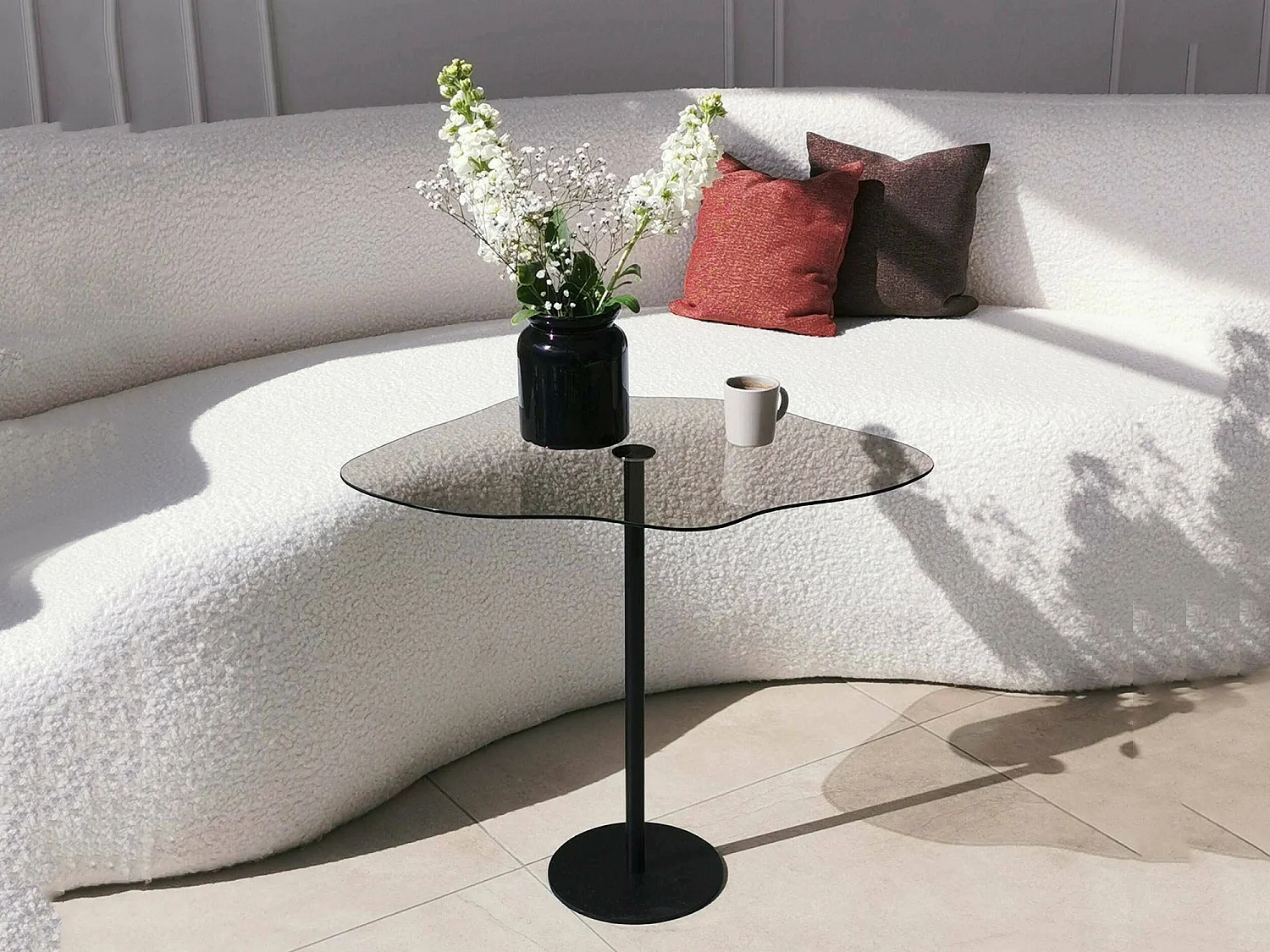 Table basse de salon, effet fumé, 60x45x50h cm noir, forme fantaisie, dégradé de couleur, plateau fumé