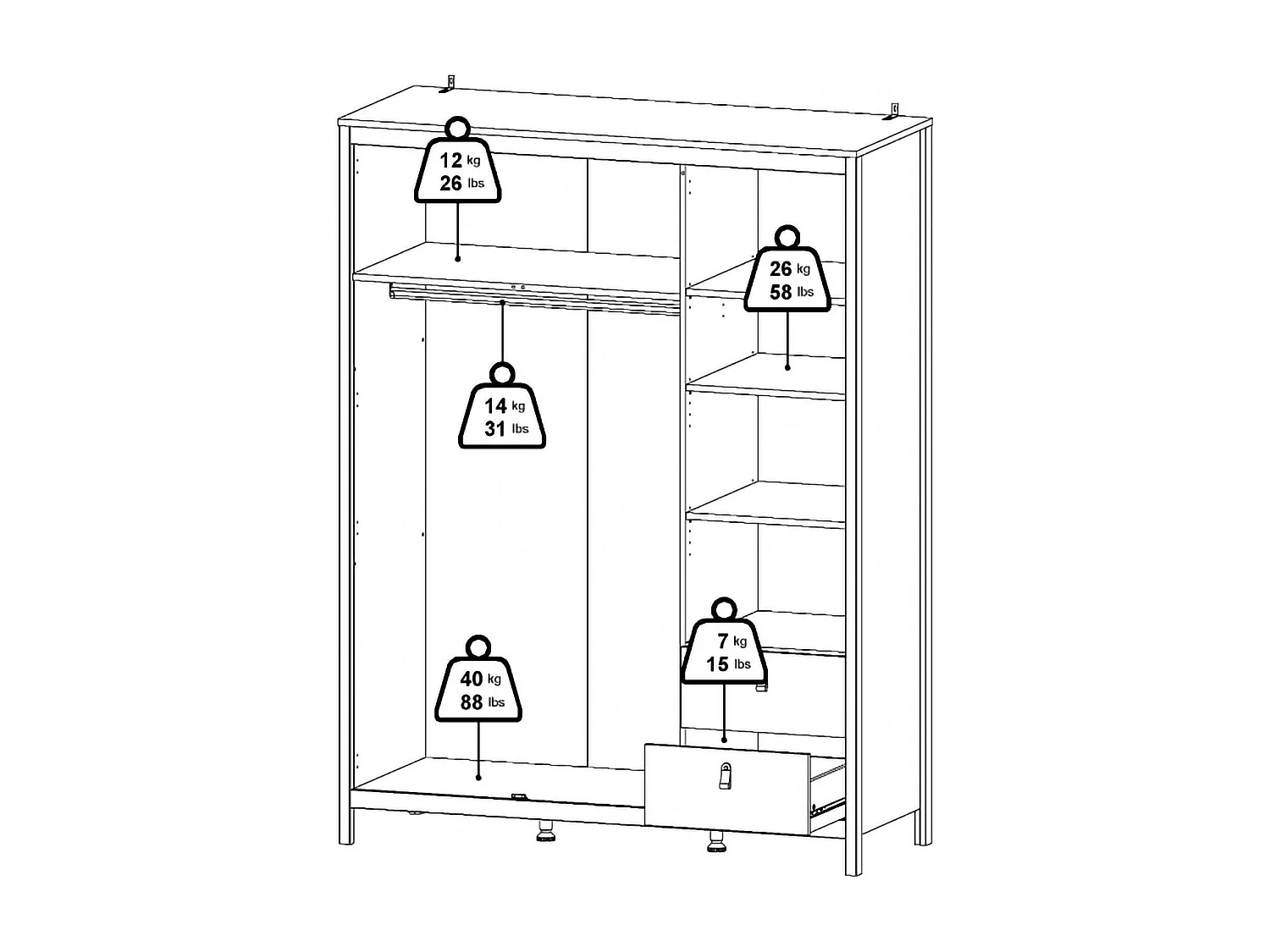 Guardaroba 3 Ante Rufina, 4 Ripiani, 58.4x150 cm Nero, Armadio Camera da Letto