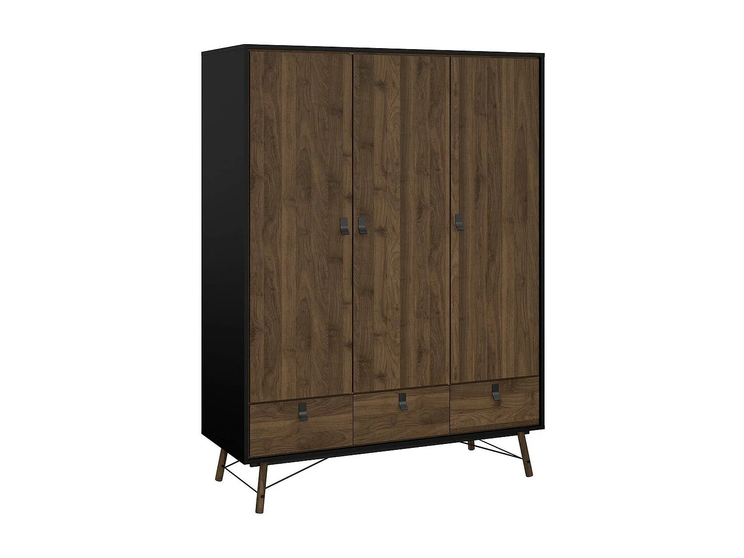 Garde-robe 3 portes Dverdell, Meubles de chambre, Penderie de plain-pied, Placard à vêtements, 150x60 h200 cm, Noir et Noyer